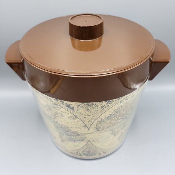 Vintage Thermo-Serv West Bend USA Brown Lid Ice Bucket With World Map Design - Picture 2 of 15